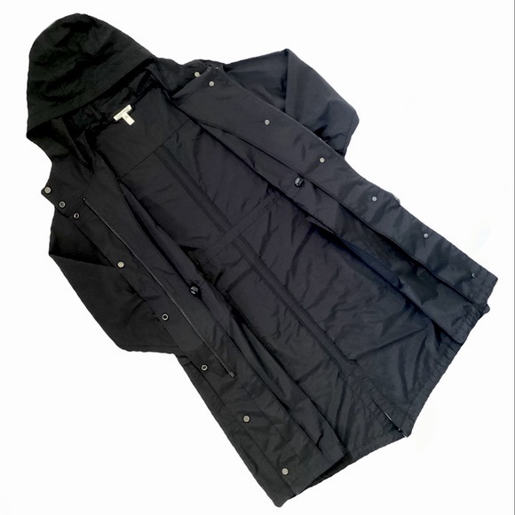 Eileen Fisher Hooded Rain Coat Black. Sz Large - Picture 3 of 11